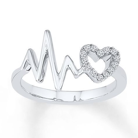 A heart decorated with lab-created white sapphires shimmers alongside a heartbeat design in this romantic ring for her. The ring is crafted of sterling silver. Heartbeat Ring, Cardiac Sonography, Nursing Essentials, Heart Beat Ring, Cardiac Nurse, Heart Defect, Gold Leaf Rings, Congenital Heart, Romantic Rings