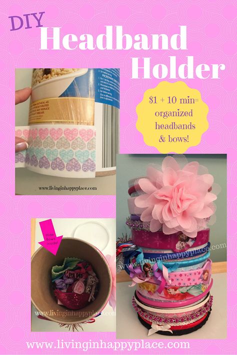 Looking for a way to organize headbands? This easy, DIY headband holder and hair tie organizer idea is perfect for babies or little girls. Tutorial included! Easy to make. Upcycled Storage, Diy Headband Holder, Hair Tie Organizer, Headband Storage, Oatmeal Container, Headband Organizer, Hair Accessories Storage, Organizing Hair Accessories, Closet Room