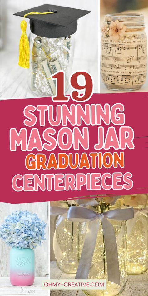 Plan the perfect graduation party with our charming Mason jar graduation centerpieces and get inspired by fun Graduation Party Ideas! These easy DIY mason jar table decorations are perfect for your school celebration. Celebrate your graduate in style with these creative décor ideas! Grad Mason Jar Centerpieces, Grad Party Centerpieces Mason Jars, Mason Jar Centerpieces For Graduation, Centerpieces For Graduation Party, Grad Party Centerpiece Ideas, Graduation Centerpiece Ideas High School, College Graduation Party Centerpieces, Graduation Centerpieces, Graduation Party Centerpieces Diy