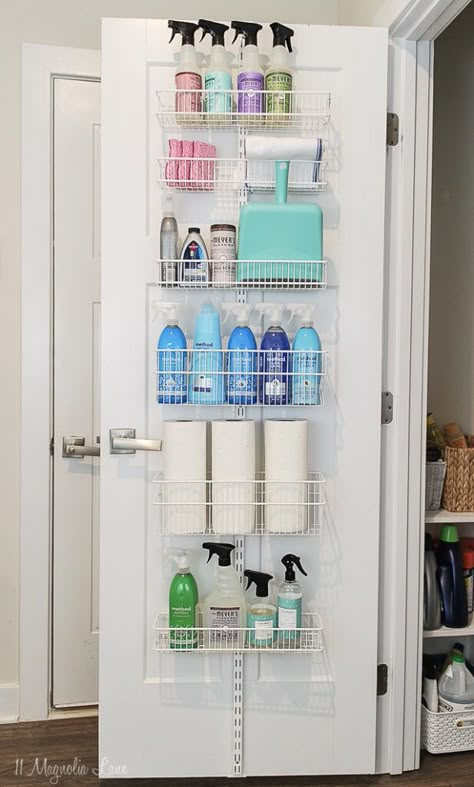 Cleaner Cabinet Organization, Small Closet Organization Hallway, Cleaning Shelf Organization, Coat Closet To Cleaning Closet, Tiny Cleaning Closet, Where To Store Mop Bucket, Cleaning Supplies Closet Organization, Organize Cleaning Closet, Cleaners Organization