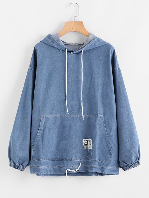 Shop Drawstring Hood Kangaroo Pocket Denim Sweatshirt online. SheIn offers Drawstring Hood Kangaroo Pocket Denim Sweatshirt & more to fit your fashionable needs. Hoodies Blue, Denim Sweatshirt, Sweatshirts Online, Blue Top, Mode Inspiration, Teen Fashion Outfits, Pullover Sweatshirts, Denim Top, Denim Shop