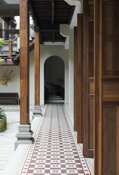 Traditional Flooring Ideas, Traditional Flooring, Indochine Interior, Indochine Style, Wooden Pillars, Thai House, Porch Columns, George Town, Tropical Architecture