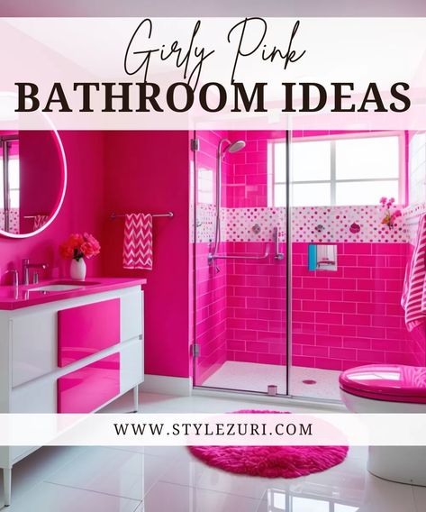 Pink Bathroom Decor Ideas Inspiration, Barbie Aesthetic Bathroom, Barbie Pink Bathroom, Hot Pink Furniture Bathroom, Barbie Pink Bathroom Decor, 70s Pink Bathroom Remodel, Pink Bathroom Decor Ideas, Pink Bathroom Ideas, Hot Pink Bathroom