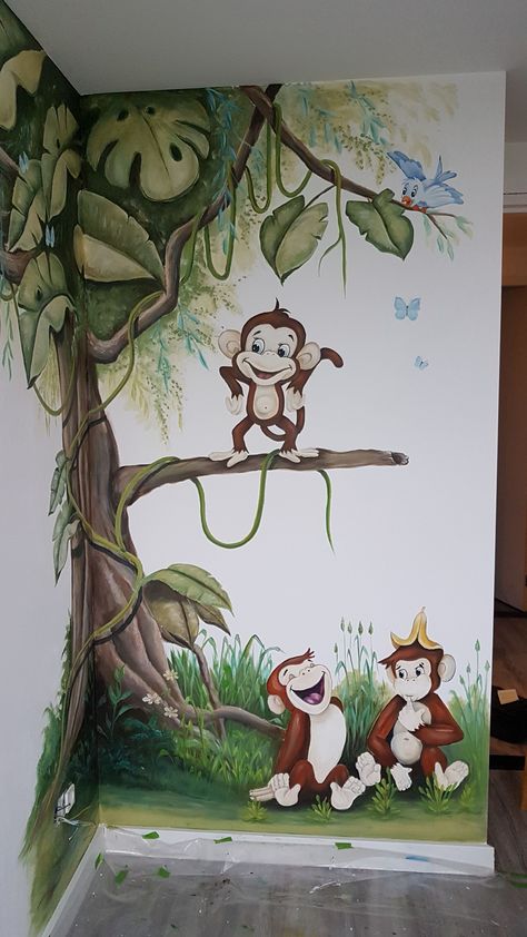 Jungle aapjes Jungle Room Painting, Jungle Tree Drawing, Jungle Mural For Kids, Jungle Wall Painting, Jungle Drawing, Creative Home Decor Ideas, Bird Silhouette Art, Nursery Drawings, Painting Bookcase