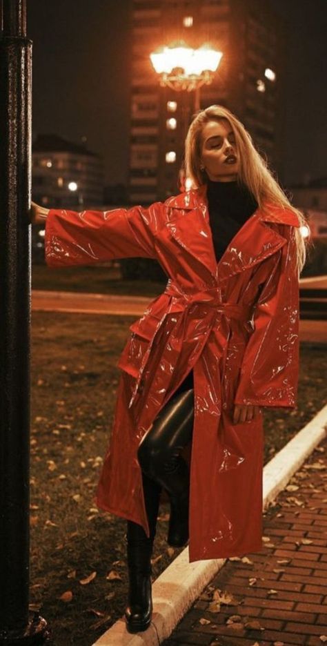 Fire Silhouette, Red Raincoat, Vinyl Fashion, Leather Dress Women, Rainwear Fashion, Vinyl Raincoat, Vinyl Clothing, Plastic Raincoat, Pvc Raincoat