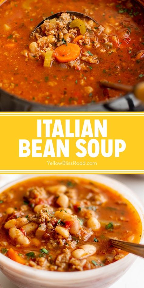 Italian Bean Soup is hearty and comforting, full of sweet Italian sausage, white beans and vegetables in a rich tomato beef broth. Italian Sausage Bean Soup Recipes, Bean Soup With Sausage Recipes, Best Bean Soup Ever, Beef And White Bean Soup, White Bean And Italian Sausage Soup, Italian Sausage And Pepper Soup, Crock Pot Italian Soup Recipes, Beef Sausage Soup Recipes, New Recipes 2022