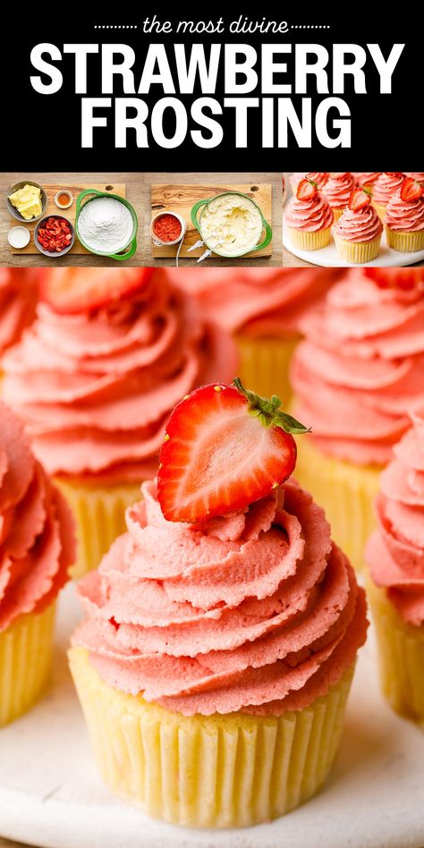 Buttercream Strawberry Frosting - Nurtured Homes Strawberry Frosting Recipes, Strawberry Snacks, Frosting Cupcakes, Strawberry Buttercream Frosting, Strawberry Icing, Strawberry Frosting, Homemade Frosting, Strawberry Buttercream, Buttercream Frosting Recipe