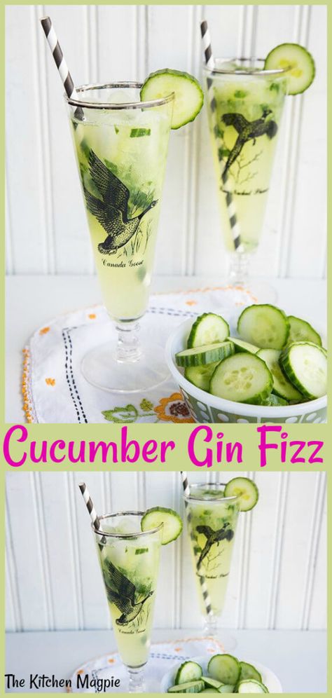 Cucumber Mint Gin Fizz | The Kitchen Magpie Gin Fizz Recipe, Fizz Drinks, Tonic Recipe, Gin Recipes, Mint Recipes, Beverage Recipes, Gin Fizz, Whiskey Drinks, Wedding Drink