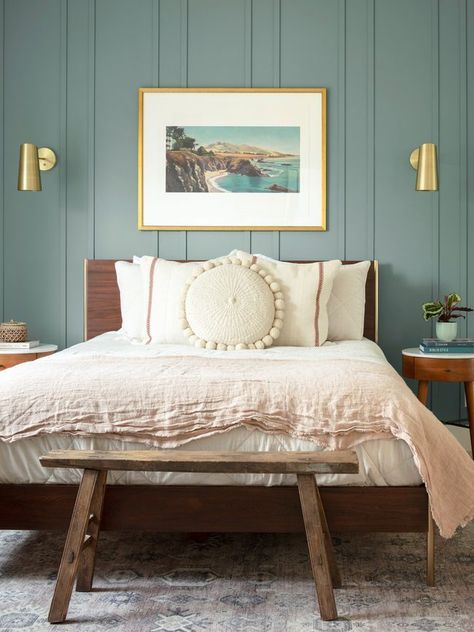 Soothing Bedroom, Bold Bedroom, Next Bedroom, Blue Green Paints, Bedroom Design Trends, Bedroom Colour Palette, Board And Batten Wall, Calming Bedroom, White Linen Bedding