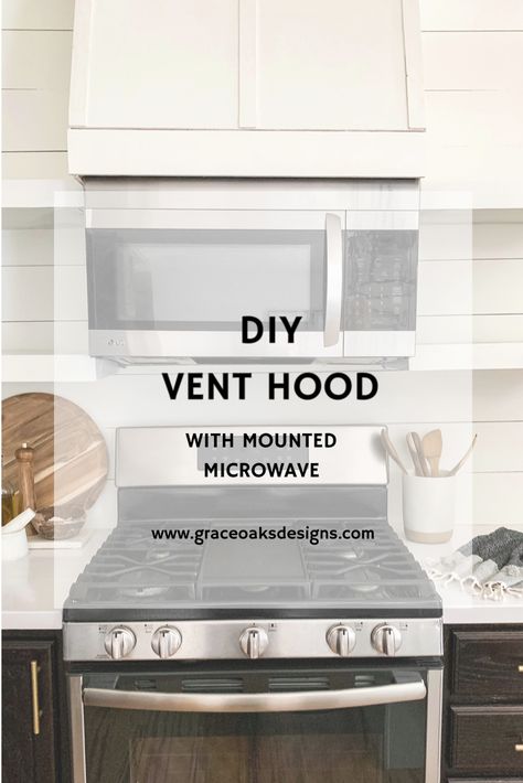 DIY simple vent hood. Vent hood with mounted microwave. Over The Range Microwave Cabinet, Microwave With Open Shelving, Microwave Cabinet Over Stove, Range Hood Ideas With Microwave, Cabinet Above Microwave Ideas, Over The Microwave Cabinet Ideas, Retrofit Microwave Cabinet, Above Stove Microwave Range Hoods, Overhead Microwave Ideas