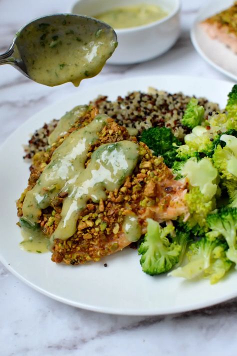 Pistachio Crusted Salmon with Lemon Basil Sauce - caramel and cashews Pinch Of Yum Salmon With Basil Sauce, Pistachio Salmon, Pistachio Salmon Baked, Pistachio Crusted Fish, Salmon With Pistachio Crust, Salmon Basil, Honey Pistachio Crusted Salmon, Pistachio Crusted Salmon, Pistachio Butter