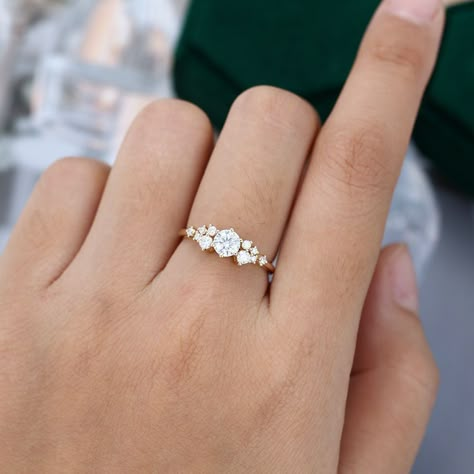 Cluster Diamond Wedding Ring, Wedding Rings Under 500 Dollars, Small Diamond Gold Engagement Ring, Engagement Rings With Clusters, Round Cluster Ring, Floral Cluster Engagement Ring, Flat Engagement Ring Simple, Beveled Wedding Ring, Small Moissanite Engagement Ring