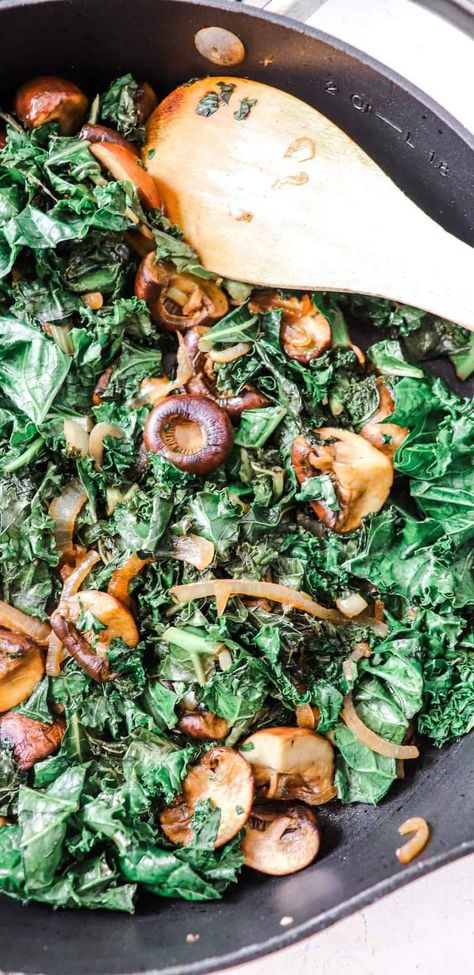 Balsamic Sautéed Kale with Mushrooms - Season & Thyme Kale And Mushroom Recipes, Kale Recipes Sauteed, Kale Mushroom Recipe, Kale Side Dish, Menstrual Phase, Veggie Dinners, Sautéed Kale, Braised Kale, Fancy Salads