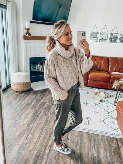 Amazon chenille sweater and joggers! http://liketk.it/36ssM / #liketkit @liketoknow.it #LTKSeasonal #LTKfit #StayHomeWithLTK #balconydecor #apartmentdecor #joggers #amazonfashion #chunkysweater #cableknit #turtleneck #chenille #vans Joggers And Turtleneck Outfit, Jogger And Sweater Outfits, Joggers With Sweater Outfit, Knit Joggers Outfit, Sweater And Joggers Outfit, Joggers In Winter, Joggers Outfit Women, Jogger Outfit, Turtleneck Outfit