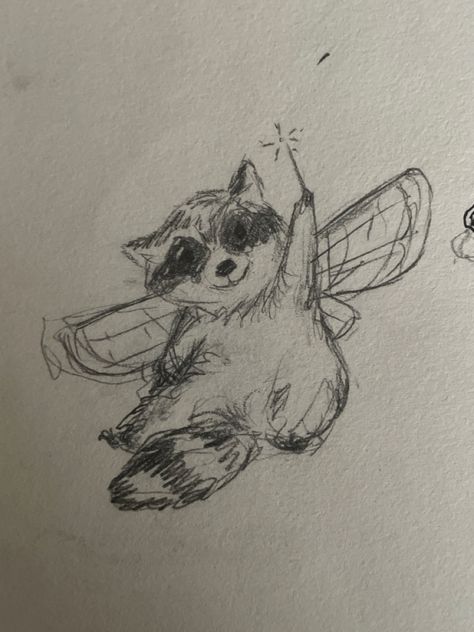 Xoaurii Art, Art Drawings Sketches Animals, Cute Raccoon Painting, Fairy Animals Drawing, Raccoon Drawing Sketches, Cute Racoon Drawings, Racoon Drawings Easy, Possum Sketch, Fairy Land Drawing