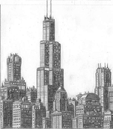 Chicago Skyline Drawing, Chicago Skyline Tattoo, Photo Ville, Sketches Landscape, City Drawings, Man Tattoos, Chicago Artwork, Chicago Skyline Art, Tower Drawing