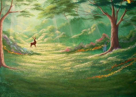 Bambi Art Illustration, Disney Forest, Spirit Background, Bambi Forest, Disneyland Summer, Watercolor References, Chromebook Wallpaper, Bear Background, Disney Mural