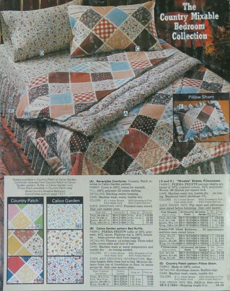 Sears catalog 1976 Fall/Winter back cover featuring mixables 'Country Patch' and 'Calico Garden' patterns. Groovy Room, Vintage Childhood, Vintage Bedding, Sears Catalog, Childhood Memories 70s, Vintage Bed, Vintage Sheets, Vintage Linen, Porch Decor