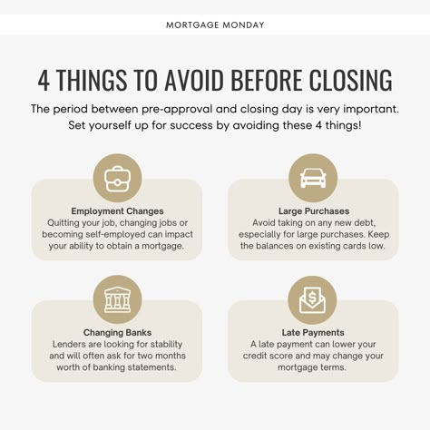 Keep your home purchase on track by avoiding these 4 things before closing day! 🚫 There are many steps to buying a home, from mortgage pre-approval to submitting an offer. ✔️ Once a seller accepts an offer, the escrow period begins. Before you're handed the keys on closing day, a lender has to approve the loan. Escrow doesn't close until the loan is funded and the final closing documents are signed. ⏰ This escrow period is crucial for the buyer! Lenders are paying very close attention durin Realtor Video Ideas, Loan Officer Marketing Ideas, Real Estate Marketing Quotes, Real Estate Slogans, Real Estate Marketing Plan, Real Estate Business Plan, Pre Approval, Real Estate Marketing Strategy, Real Estate Training