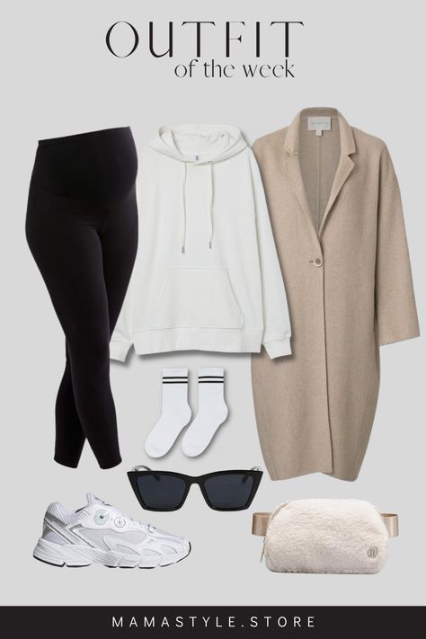 Take a look at this comfortable daytime outfit to stay cozy and stylish effortlessly during your pregnancy. Hoodie And Coat, Casual Maternity Outfits, Pregnancy Outfit, Outfit Sporty, Coat Belt, Coated Leggings, Outfit Hoodie, H&m Leggings, Casual Maternity