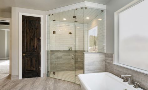 Neo-Angle Corner Showers Are Perfect for Many Bathrooms. Here’s Why. - ABC Glass & Mirror Corner Tub Shower, Corner Showers, Neo Angle Shower Enclosures, Glass Showers, Neo Angle Shower, Creative Tile, Pregnant Photo Ideas, Corner Tub, Bathroom Renovation Ideas