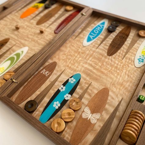 Folding Backgammon Boards — Studio Jean-Michel | Custom Designed Luxury Backgammon Sets & Chess boards and tables Backgammon Board Design, Chess Boards, Ski Mountain, Backgammon Board, Nautical Flags, Backgammon Set, Koa Wood, Wood Acrylic, Resin Projects