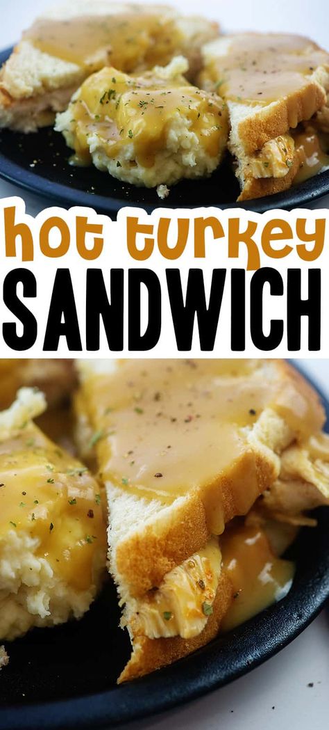 Leftover turkey is perfect in this hot turkey sandwich! Served with mashed potatoes and smothered in gravy! #recipe #thanksgiving #leftovers Open Face Turkey Sandwich Gravy, Turkey And Gravy Sandwiches, Hot Sandwich Recipes Dinners, Hot Turkey Sandwich Recipes, Hot Turkey Sandwich With Gravy, Turkey Leftover Recipes Easy Dinners, Turkey Sandwich Ideas, Turkey Leftover Ideas, Turkey Leftovers Recipes