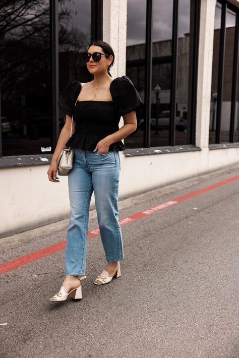 Black Puff Sleeve Top For Spring Day Out, Puff Sleeve Shirt Outfit, Trendy Black Puff Sleeve Top, Fitted Puff Sleeve T-shirt For Spring, Spring Day Out V-neck Puff Sleeve Top, Black Fitted Puff Sleeve Crop Top, Kendi Everyday, Madewell Jeans, Puff Sleeve Top