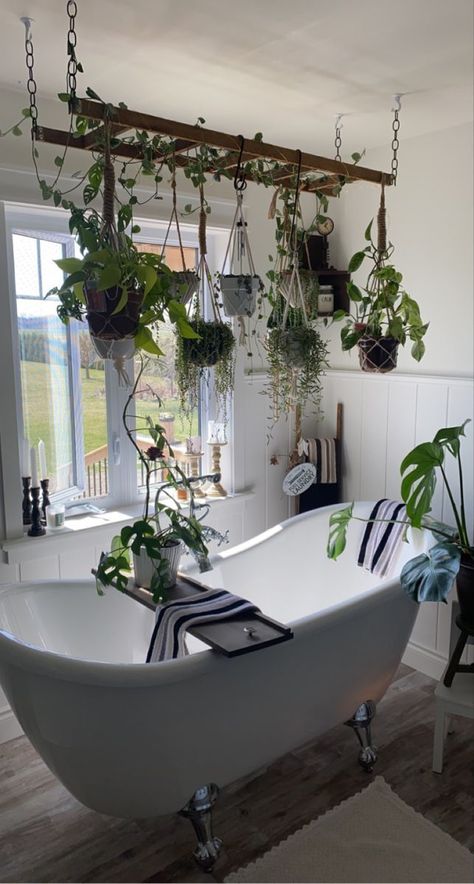 bathroom decor with plants ideas Clawfoot Tub Bathroom Plants, Bath Tub Plants, Big Tub Decor Ideas, Hanging Plants Over Tub, Hanging Plants Over Bathtub, Plants Around Tub, Boho Clawfoot Tub Bathroom, Bathtub Plants Decor, Plants Above Bathtub