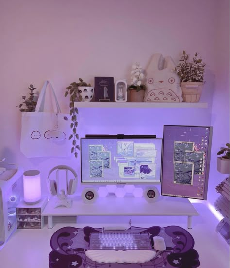 Lilac Desk Setup, Purple Pc Setup Aesthetic, Cute Dual Monitor Setup, Light Purple Gaming Setup, Lavender Desk Setup, White And Purple Gaming Setup, White And Purple Pc Setup, Pastel Purple Gaming Setup, Purple Set Up