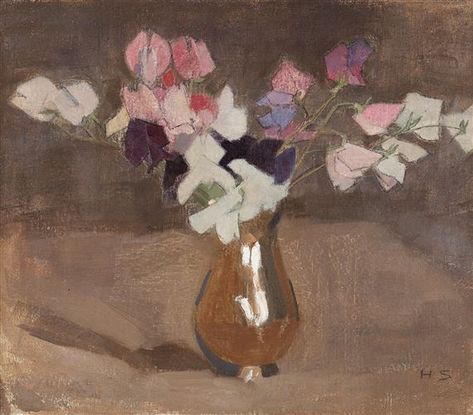 Artwork by Helene Schjerfbeck, "Luktärter" (Sweet Peas), Made of Oil on canvas Sofia Wood, Helene Schjerfbeck, Flowers In A Vase, Hur Man Målar, Sweet Peas, Painting Still Life, Still Life Painting, Claude Monet, Art Market