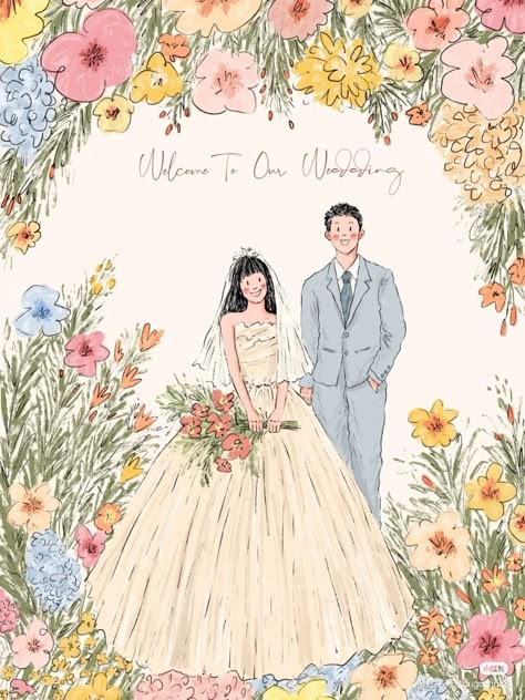 Wedding Art Ideas, Wedding Card Drawing Ideas, Wedding Invitation Illustration Couple, Lyneadaprix Wedding Profile, Wedding Illustration Background, Wedding Art Illustration, Cute Wedding Cards, Wedding Couple Drawing, Couple Wedding Illustration