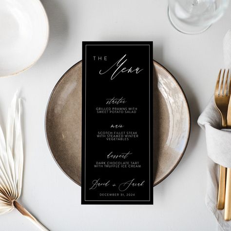 Black Script Minimalist Wedding Menu Sign, Printable Modern Wedding Menu, 4x9 Menu, Birthday Menu Card Template, edit in Corjl by CreativePapier on Etsy Buffet Menu Cards, Birthday Menu Card, Wedding Menu Sign, Menu Card Template, Birthday Menu, Menu Sign, Black Minimalist, Wedding Menu Cards, Menu Card