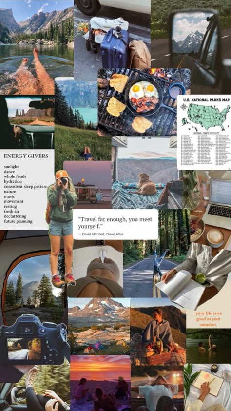 Travel, vanlife, healthy lifestyle, road trips, life on the road, hiking, camping, healing, enjoying life Outdoorsy Aesthetic, Life Collage, Cloud Atlas, 2024 Vision Board, Life On The Road, National Parks Map, Adventure Travel Explore, Hiking Aesthetic, Nature Music