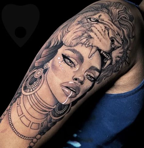 African Lady Tattoo, African Medusa Tattoo Goddesses, Black Empress Tattoo, Queen Of Sheba Tattoo, African Themed Tattoos Sleeve, African Princess Tattoo, Black Woman Lion Tattoo, Nubian Queen Tattoo, African Warrior Women Tattoo