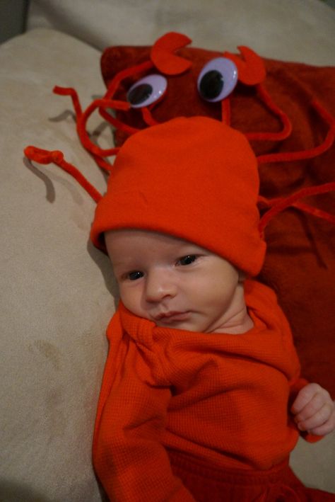 Sebastian the crab costume.  Take a red hat and sew red pipe cleaners to hat.  Cut claws out of red felt and stick on big googley eyes. Infant Crab Costume, Nicu Halloween, Crab Costume, Homemade Mermaid Costumes, Cleopatra Halloween Costume, Ninja Turtle Costume, Girl Group Costumes, Googley Eyes, Deer Costume