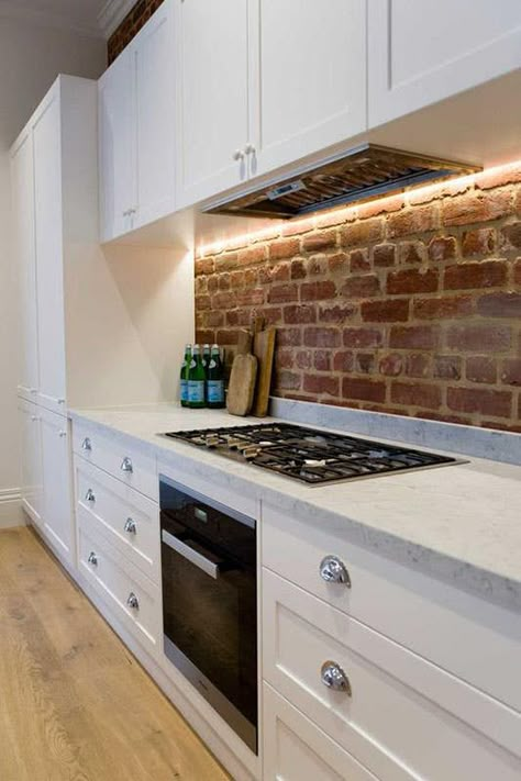 24 Stylish Brick Backsplash to Transform any Kitchen Exposed Brick Wall In Kitchen, Brick Slip Kitchen Wall, Exposed Brick Tiles, White Kitchen Exposed Brick, Brick Slip Wall Kitchen, Brick Black Splash Kitchen, Brick Slip Kitchen Splashback, Kitchen Design Brick Wall, Brick Tile Splashback Kitchen