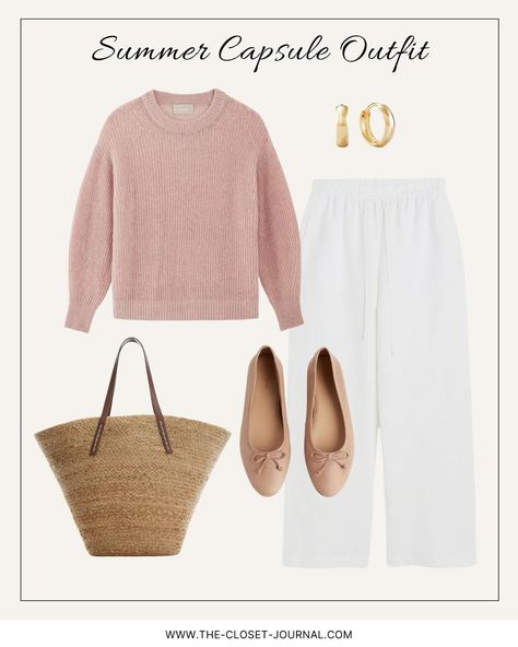 Ewelina Kanty | Year of outfits - LOOK 103 ___ Summer capsule outfit: wide linen trousers in a white, lightweight sweater in dusty pink, nude ballet flats,… | Instagram Nude Ballet Flats Outfit, Pink Flats Outfit, Flats Outfit Summer, Flats Outfit Work, Ballerina Flats Outfit, Nude Ballet Flats, White Ballet Flats, Ballet Flats Outfit, Flats Outfit