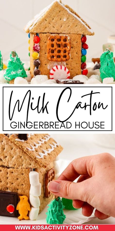 Discover how to create a cute and festive Milk Carton Gingerbread House! This activity is perfect for Christmas fun at home or in the classroom. Kids will love building a gingerbread house using a milk carton as a base and decorating it with graham crackers, icing, and candy! Gingerbread House With Milk Carton Kids, Gingerbread House With Milk Carton, Gingerbread Houses In The Classroom, Milk Carton Gingerbread House For Kids, How To Build A Gingerbread House, Easy Gingerbread House For Kids, Gingerbread House Out Of Graham Crackers, Graham Cracker House Christmas, Gingerbread Houses With Graham Crackers