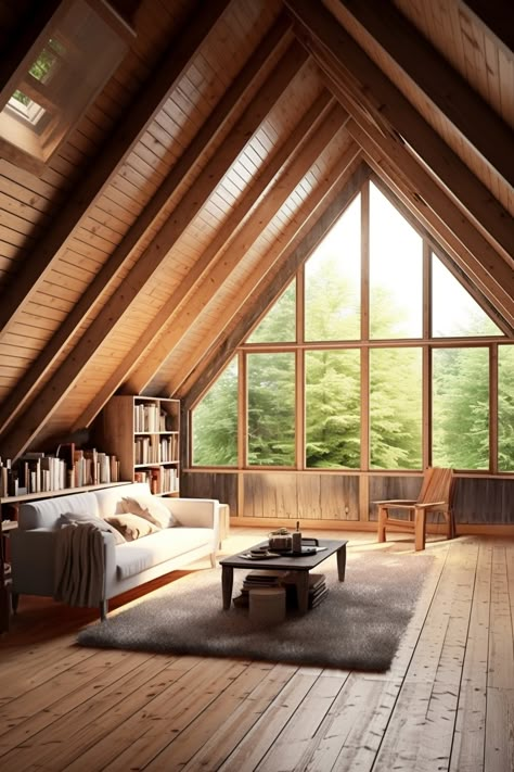 High Roof Living Room, Attic Living Room Sloped Ceiling, Attic Bedroom Ideas Aesthetic, Nook In Bedroom, Reading Nook In Bedroom, Attic Living Room, Attic Room Ideas, Read Aesthetic, Attic Organization