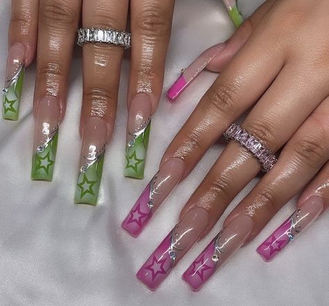 Pink And Green French Tip Nails, Pink And Green Acrylic Nails, Green And Pink Nails, Cruise Nails, Gel Nails French, Green Acrylic Nails, Red Acrylic Nails, Glamour Nails, Cute Acrylic Nail Designs