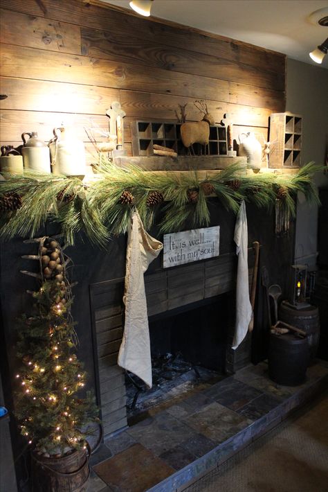 Primitive fireplace. Christmas decorating. Primitive Fireplace Decor, Fireplace Mantel Christmas Decorations, Primitive Fireplace, Christmas Primitive Decor, Fireplace Mantel Designs, Primitive Country Christmas, Primitive Christmas Decorating, Primitive Christmas Decor, Fireplace Christmas