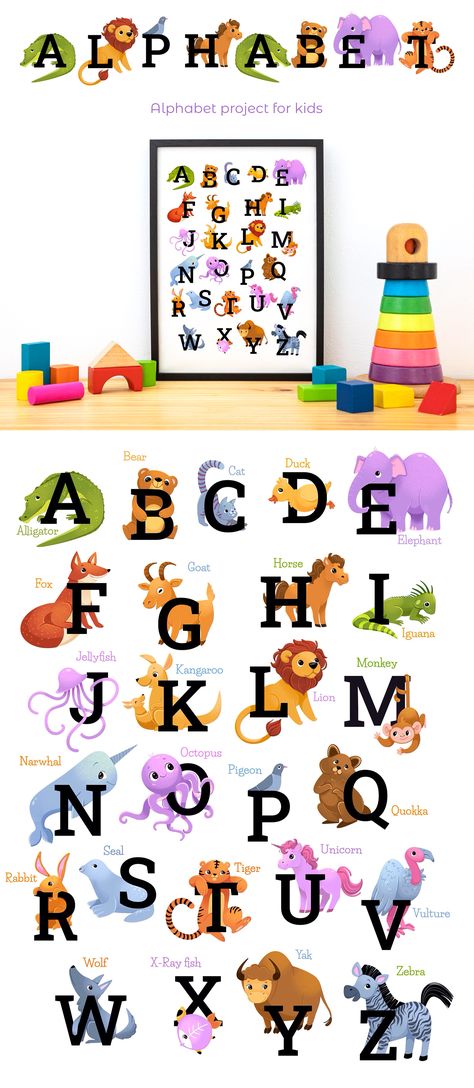 Animal Alphabet Illustration for children Alphabet Project, Illustration For Children, Sketching Tools, Baby Learning Activities, Animal Character, Project For Kids, My Idea, Animal Alphabet, Baby Learning