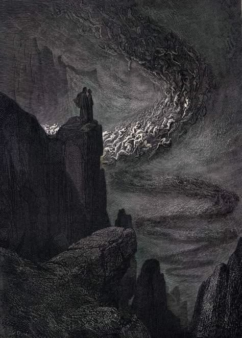 Inferno Canto 5, The Souls of the Lustful Swept up in Eternal Wind - Gustave Dorè, 1866. Gustav Dore Wallpaper, Dante’s Inferno Aesthetic, Gustave Dore Divine Comedy, Dante’s Inferno, Gustave Dore Illustrations, Gustav Dore, Inferno Dante, Paul Gustave Doré, Gustavo Dore