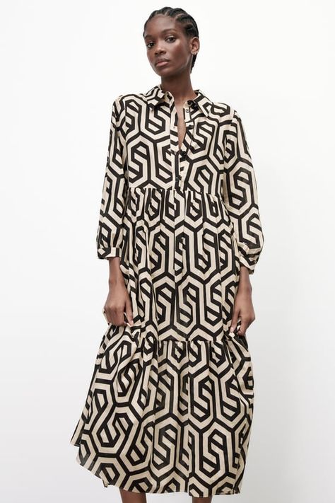 Zara Long Dress, Long Sleeve Dress Long, Side Drape Dress, Zara Printed Dress, Zara Midi Dress, Look Zara, Zara Summer, Draped Midi Dresses, Geometric Dress