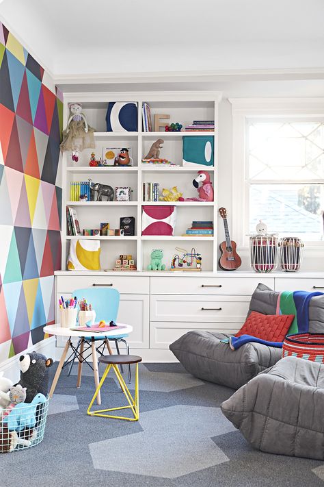 Declutter and Stress Less with These Smart Storage Solutions Fun Color Schemes, Playroom Color Scheme, Creative Playroom Ideas, Fun Playroom Ideas, Creative Playroom, Playroom Design Ideas, Pink Playroom, Blue Playroom, Loft Playroom