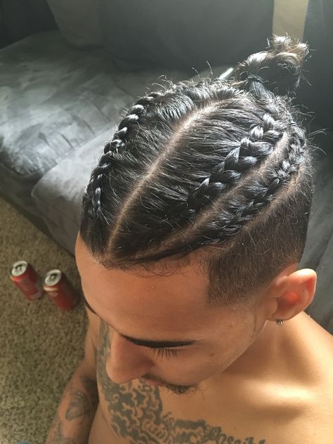 Male Braids Long Hair, Mens Braid Ideas, Men’s Two Braids, French Braid On Men, Men Dutch Braid, Man Bun With Braids, Easy Braided Hairstyles For Men, Undercut Braids Hairstyles Men, White Boy With Braids