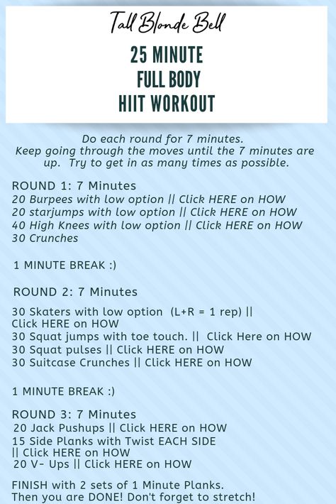 25 Minute Full Body HIIT Workout - Tall Blonde Bell Full Body Hiit, What Is Hiit, Full Body Hiit Workout, Boot Camp Workout, Hiit Training, High Intensity Interval Training, Workout Session, Interval Training, Hiit Workout