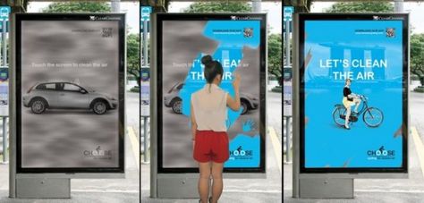 27 Awesome Billboards - This interactive poster lets users clean the air with their hands and reveals how using bicycles instead of automobiles would help. Ambient Ads, Ambient Advertising, Tactical Urbanism, Interactive Poster, Interactive Advertising, Guerrilla Marketing, Store Experience, Bus Stops, Ad Poster