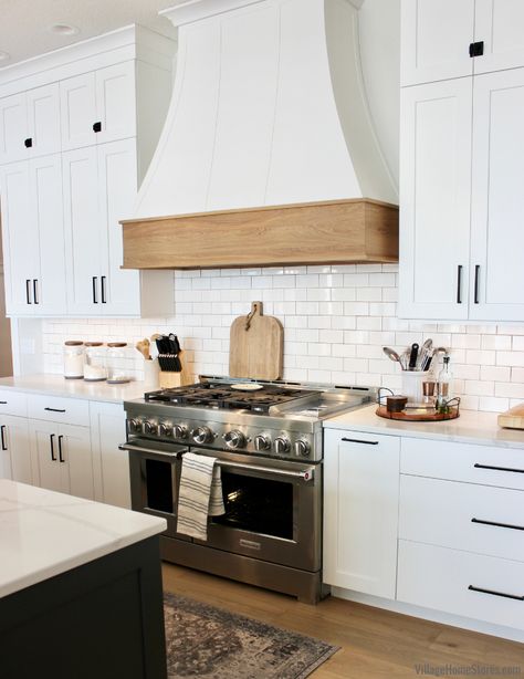 White Kitchen Vent Hood, Gas Range Hood, Kitchen Hood Fan, Leclaire Iowa, White And Gray Kitchen, Aspen Homes, White Kitchen Hood, Kitchen Hood Ideas, Vaulted Ceiling Kitchen